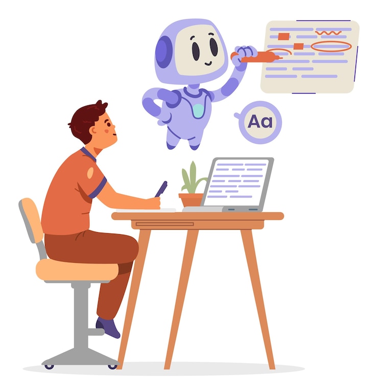 Vector artificial intelligence in school education concept school boy use ai help in checking spelling