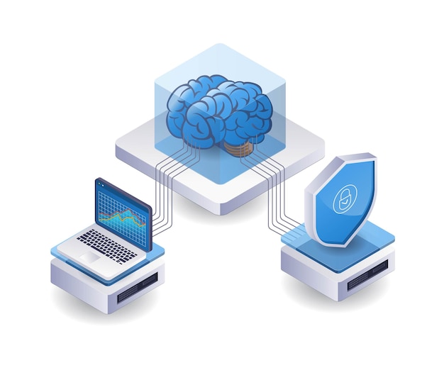 Vector artificial intelligence security analysis technology server isometric flat illustration