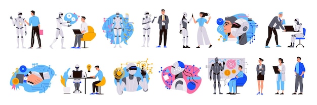 Artificial intelligence set with business teamwork and robot symbols flat isolated vector illustration