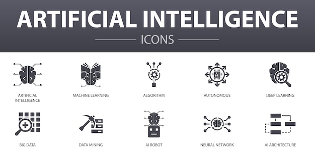 Artificial intelligence simple concept icons set. contains such icons as machine learning, algorithm, deep learning, neural network and more, can be used for web, logo, ui/ux