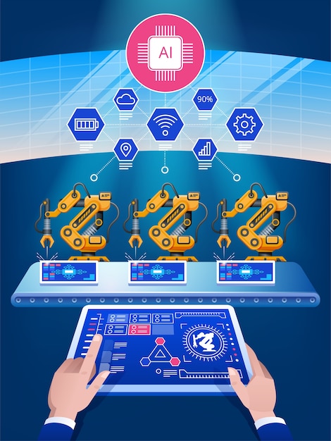 인공 지능 스마트 산업, 자동화 및 사용자 인터페이스 개념 : 사용자는 태블릿과 스마트 폰으로 연결하여 사이버 물리 시스템과 데이터를 교환합니다.