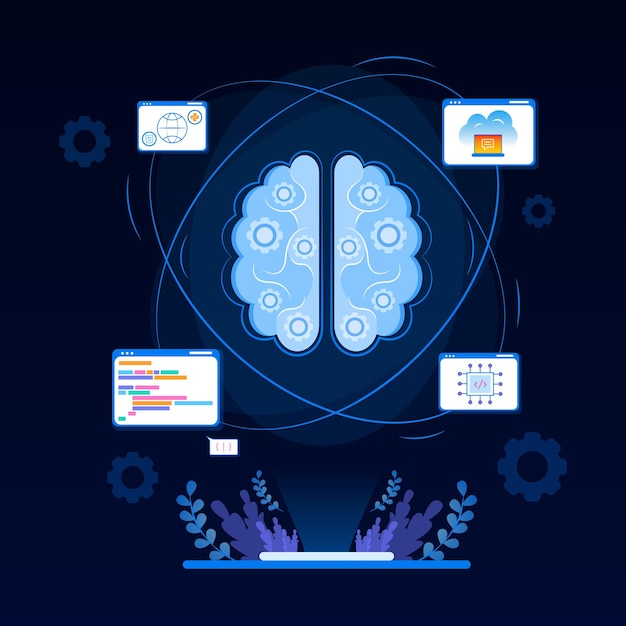Разработка программного обеспечения искусственного интеллекта Иллюстрация AI Концепция целевой страницы