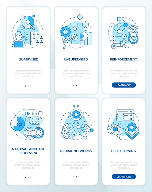 Artificial intelligence system blue onboarding mobile app screen set