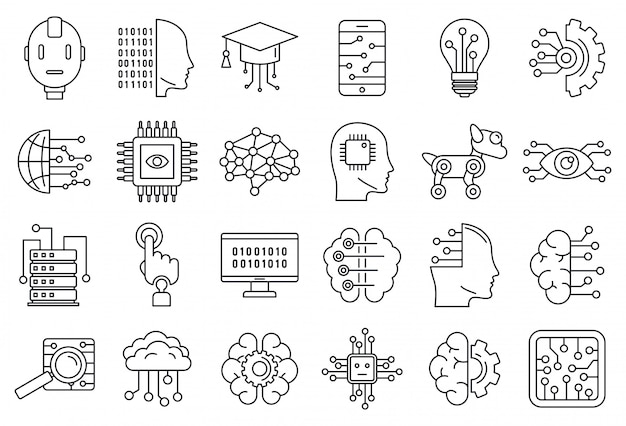 Vector artificial intelligence system icons set, outline style