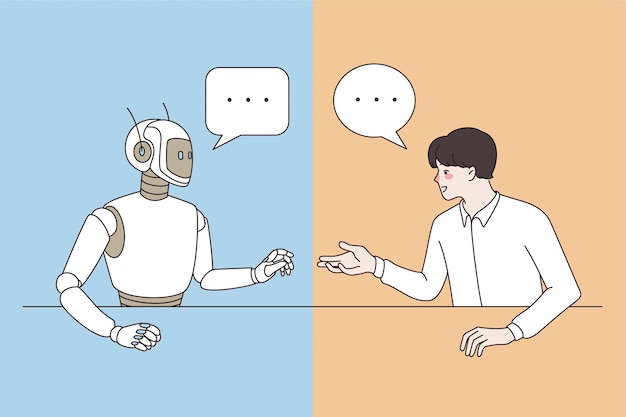 Artificial intelligence and technologies concept. Young smiling man developer sitting chatting talking to robot making research vector illustration