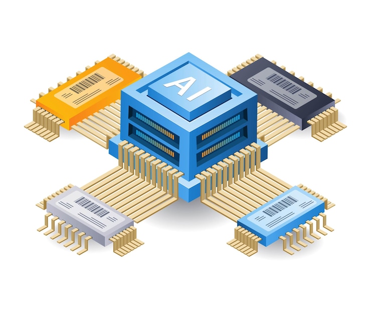 Vector artificial intelligence technology chip concept flat isometric 3d illustration