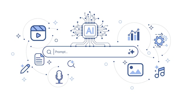 artificial intelligence technology concepts ai chipset with generative bar and media icon machine learning and generate input prompt as commands for search and generate vector illustration