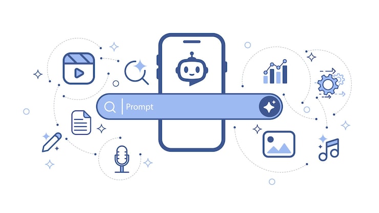 Vector artificial intelligence technology concepts smartphone with generative bar and media icon machine learning and generate input prompt as commands for search and generate vector illustration