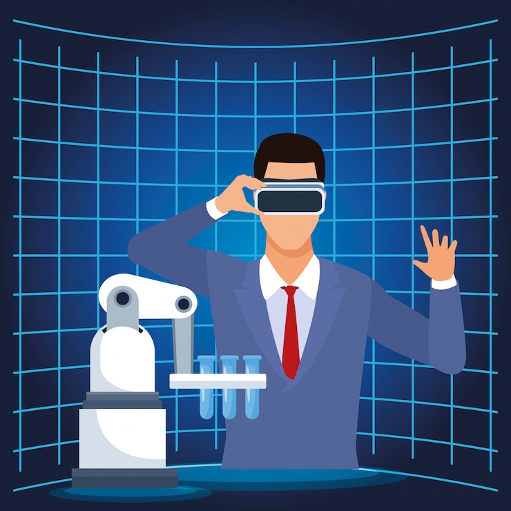 Vector artificial intelligence technology man with vr glasses and test tubes