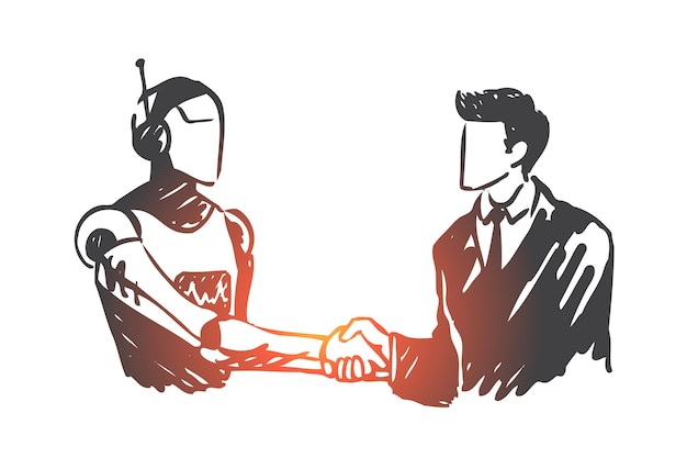 Vector artificial intelligence, technology, robot, mind, human concept. hand drawn human shaking hands with robot concept sketch.