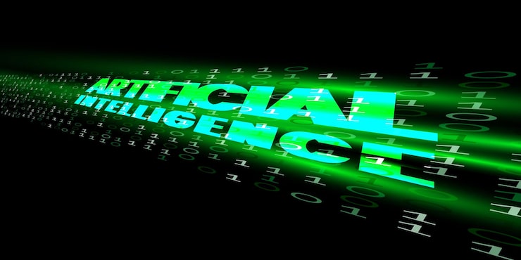 Vector artificial intelligence text design with a binary code stream and machine learning concept backdrop