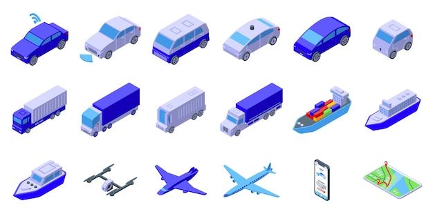 artificial intelligence in transport icons set isometric vector digital car