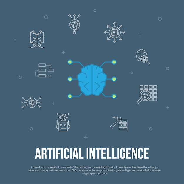 Artificial Intelligence trendy UI flat concept with simple line icons. Contains such elements as Machine learning, Algorithm, Deep learning, Neural network and more
