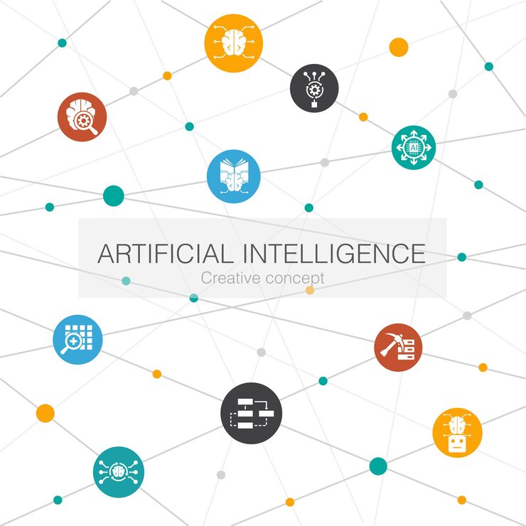 Vector artificial intelligence trendy web template with simple icons contains such elements as machine learning algorithm deep learning neural network icons