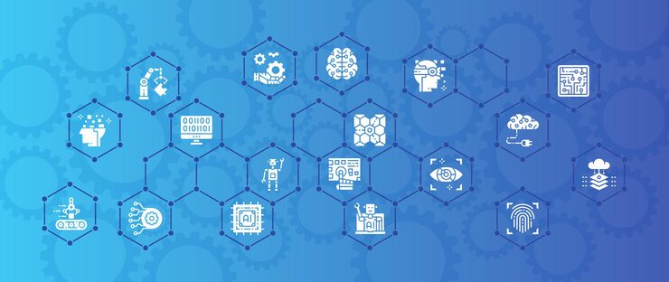 Vector 人工智能向量插图. 机器人,聊天机器人,数据库,大数据横幅概念用于网站设计或登陆网页. 摘要 人工智能技术背景