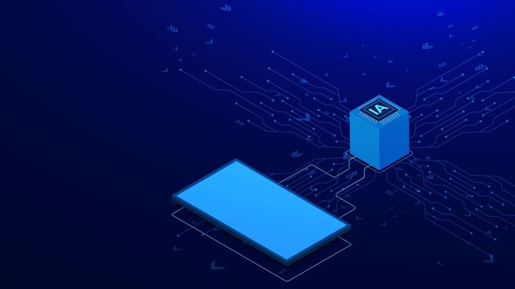 Vector artificial intelligence with microchip smartphone and electronic board isometric technology