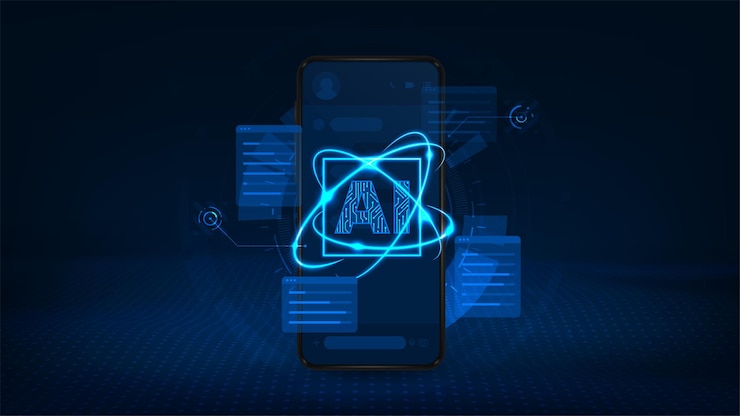 Vector artificial intelligence with smartphone mobile on line chat bot icons representing