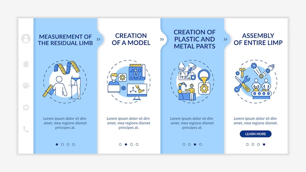artificial limb production steps onboarding vector template. responsive mobile website with icons. web page walkthrough 4 step screens. measurement, modeling color concept with linear illustrations