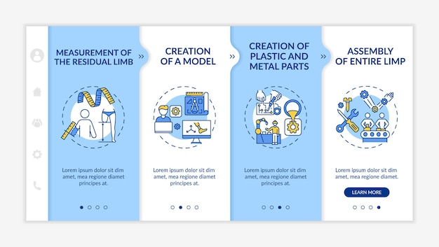 Artificial limb production steps onboarding vector template. responsive mobile website with icons. web page walkthrough 4 step screens. measurement, modeling color concept with linear illustrations