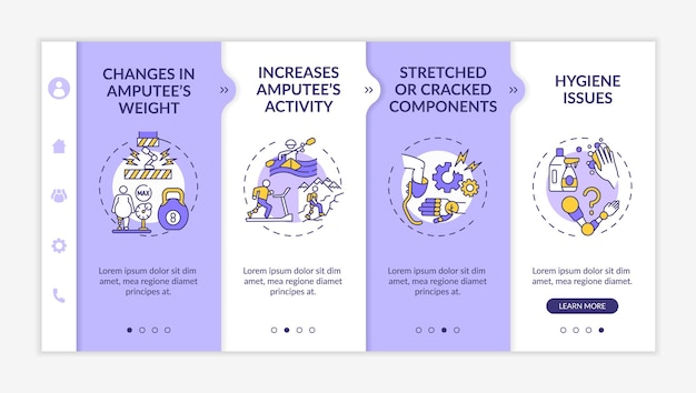 Artificial limb replace conditions onboarding vector template. responsive mobile website with icons. web page walkthrough 4 step screens. changes in weight color concept with linear illustrations