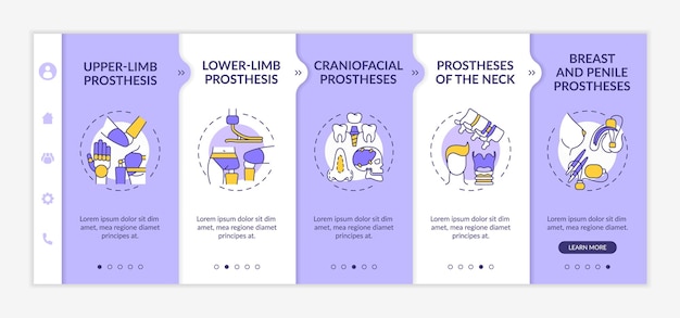 Modello di vettore di onboarding dei tipi di arti artificiali. sito mobile reattivo con icone. procedura dettagliata della pagina web 5 schermate di passaggio. concetto di colore delle protesi degli arti superiori e inferiori con illustrazioni lineari