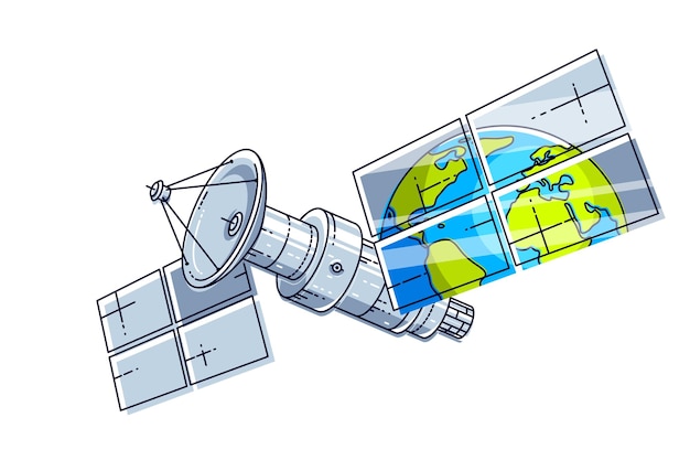 Vettore satellite orbitale artificiale che galleggia nell'assenza di gravità e riflette la terra nei pannelli solari come nello specchio, nella scienza e nella tecnologia della comunicazione. illustrazione vettoriale 3d a linea sottile.