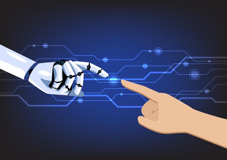 Vector artificial robot hand touch human hand