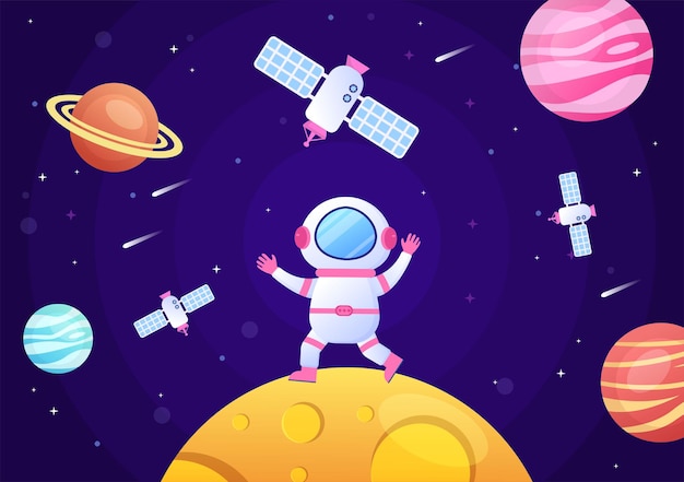 Artificial Satellites Orbiting the Planet Earth with Wireless Technology Global 5G Internet Network Communication and Astronaut in Flat Background Illustration