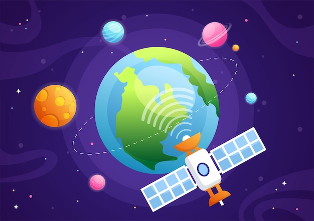 Artificial Satellites Orbiting the Planet Earth with Wireless Technology Global 5G Internet Network Satellite Communication in Flat Background Illustration