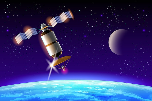 Вектор Искусственные спутники, вращающиеся вокруг планеты земля в космическом пространстве, изолированы на темном фоне мультфильм