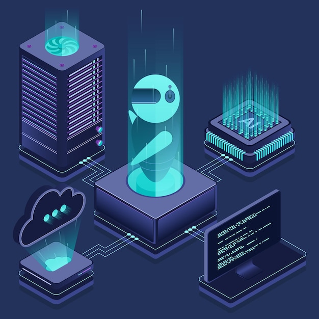 Artificiële intelligentie robot Systeemanalyse Big data verwerking Machine learning technologie Isometrische technologie