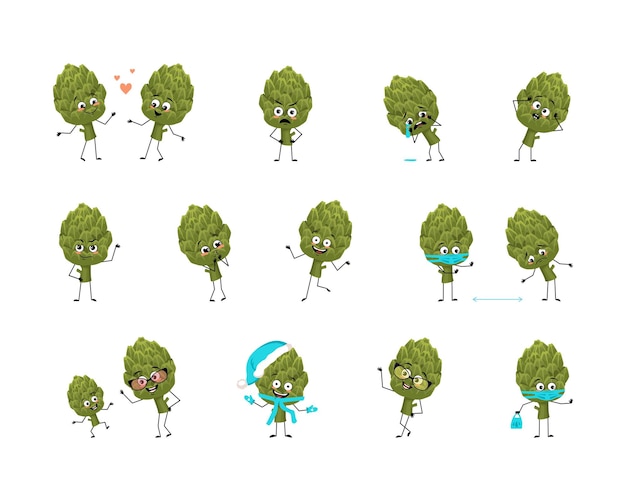 Artisjok karakter met blije of droevige emoties paniek liefdevolle of dappere gezicht handen en benen vrolijke groene plantaardige exotische persoon met masker bril of hoed platte vectorillustratie