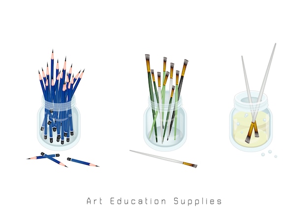 Vector artist brushes and sharpened pencils in jar