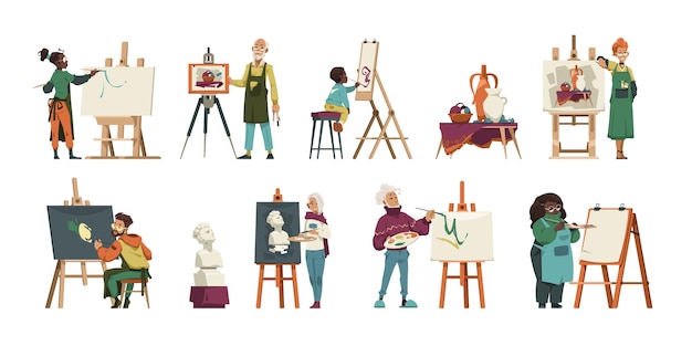 artist characters at work cartoon creative artists at sketching and painting master