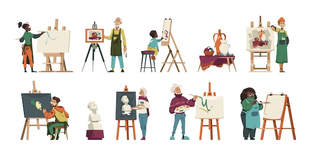 Vector artist characters at work cartoon creative artists at sketching and painting master