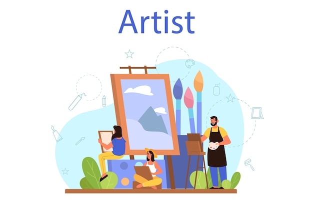 Vector artist concept illustration. idea of creative people and profession. male and female artist standing in front of big easel, holding a brush and paints. isolated flat vector illustration