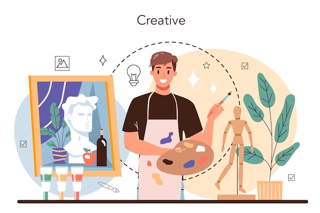 Artist concept professional illustrator in front of big easel
or screen holding a brush and paints idea of creative people and
profession art gallery profession flat vector illustration