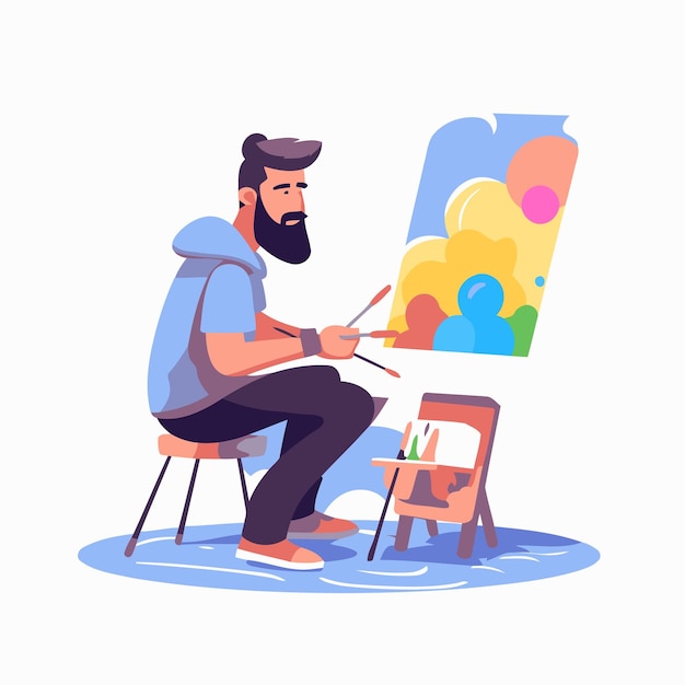 Vector artist drawing picture male artist painting picture on canvas vector illustration in cartoon style