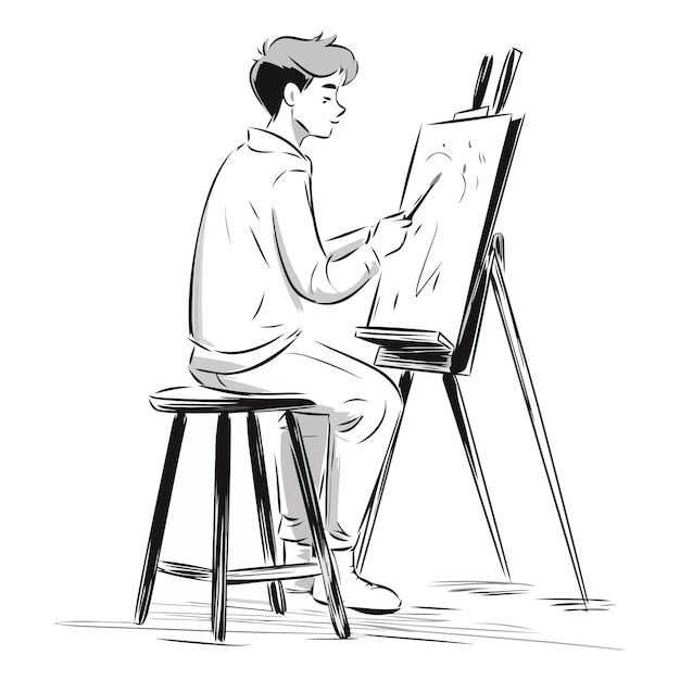 The artist draws a picture on the easel