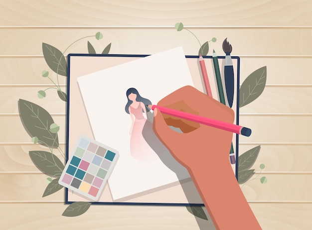 Artist draws with a pencil on paper top view. Vector illustration