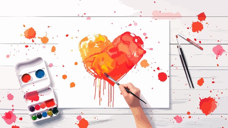 Vector artist hand painting heart with brush on paper using gouache