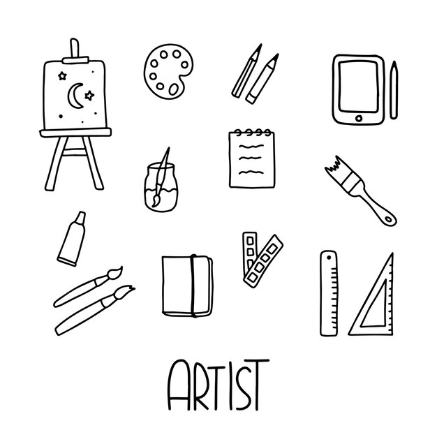 Drawing And Painting Supplies Vector Icons Set Hand Drawn Sketch