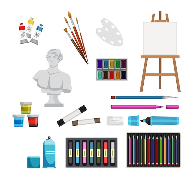 Vector artist items set painting and drawing tools collection painter equipment with colored pencils and crayons blank easel gouache oil paints