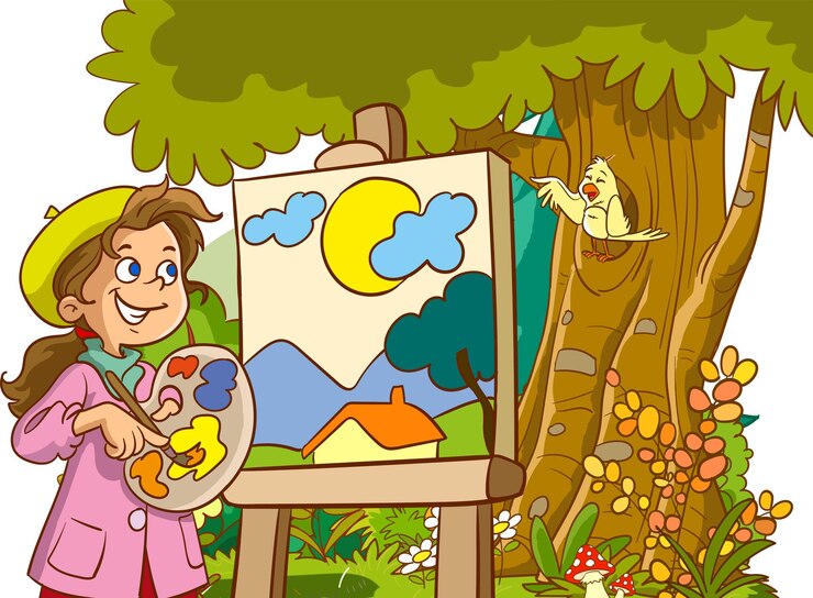 वेक्टर कलाकार बच्चे आर्ट आइकन कैरेक्टर डिजाइन के साथ कैनवस पर पेंटिंग करते हुए क्रिएटिव लोग वेक्टर इलस्ट्रेशन