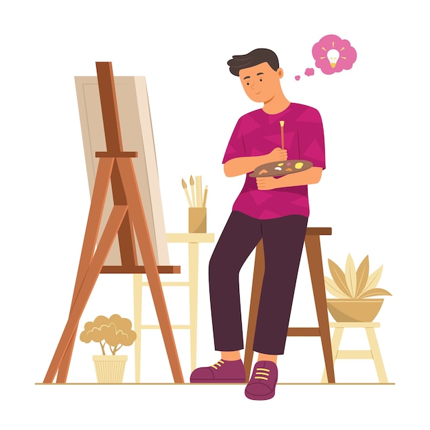 Vector artist man painting and thinking idea concept illustration