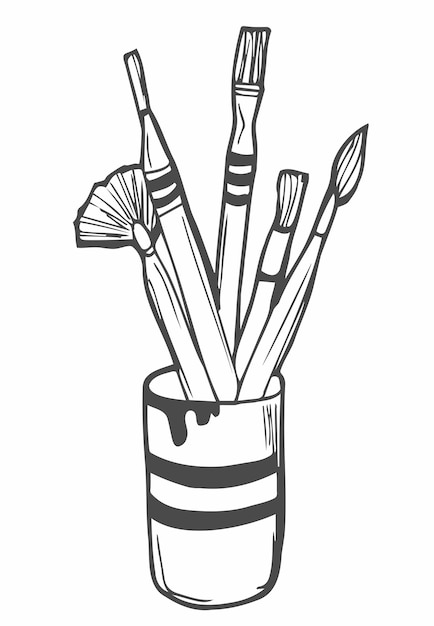 Artist paint brushes in a cup. Vector sketch illustration.