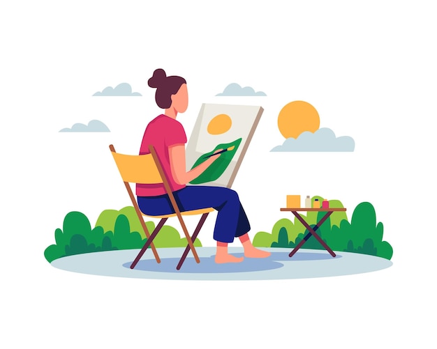 Artist painting on canvas flat illustration