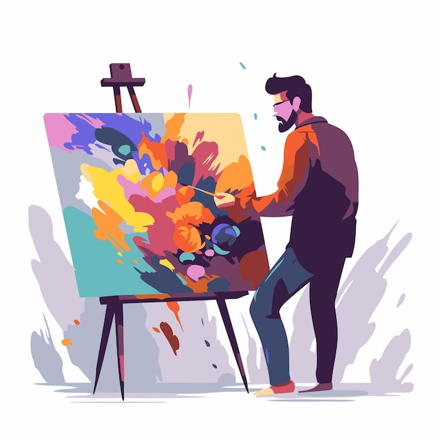 Artist painting on easel flat vector illustration male artist drawing picture on canvas with paints and brushes art creativity and art concept