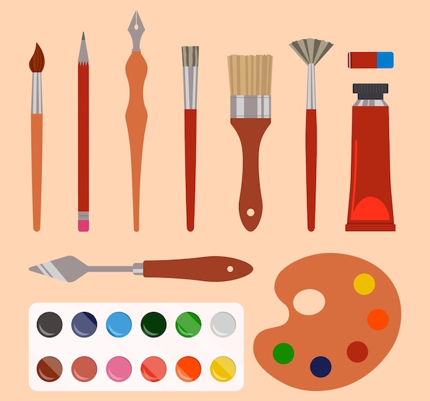 Artist painting tools set of brushes and palette knife for drawing vector illustration flat style