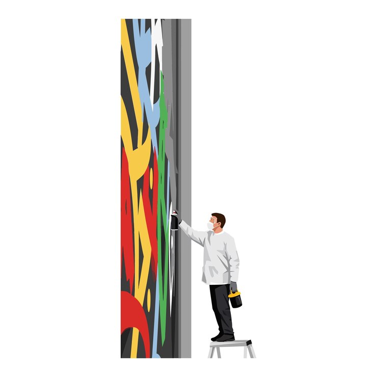 Vector artist painting a vibrant mural with spray paint on a tall wall in flat vector illustration